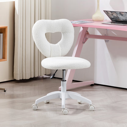 Armless Heart Computer Desk Chair, Teddy Fleece Swivel Office Chair, Makeup Vanity Chair with Height Adjustable, Wheels