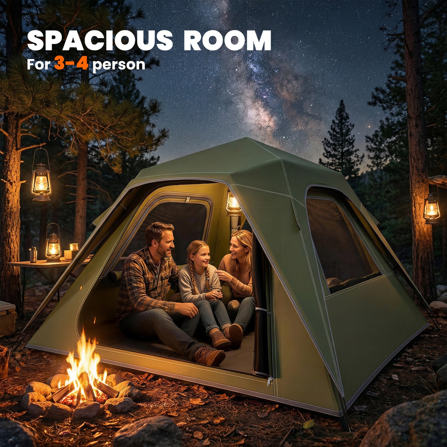 Pop Up Tent 3000mm Waterproof Camping Tents with Mesh Windows 2-3 People Green