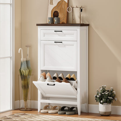 Shoe Cabinet with 2 Flip Drawers, Farmhouse Narrow Shoe Storage Cabinet with Adjustable Shelves, White