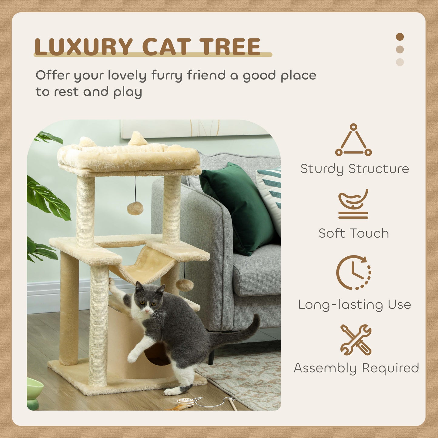 Cat Tree, 90cm Cat Tower with Sisal Scratching Posts, Cat Condo, Hammock, Top Perch and 2 Hanging Toys for Cats, Beige