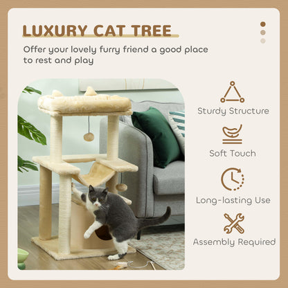Cat Tree, 90cm Cat Tower with Sisal Scratching Posts, Cat Condo, Hammock, Top Perch and 2 Hanging Toys for Cats, Beige
