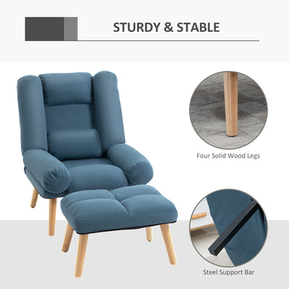 Recliner Chair with Footstool, Recliner Armchair with Adjustable Backrest, Thick Cushion and Wooden Legs, Blue