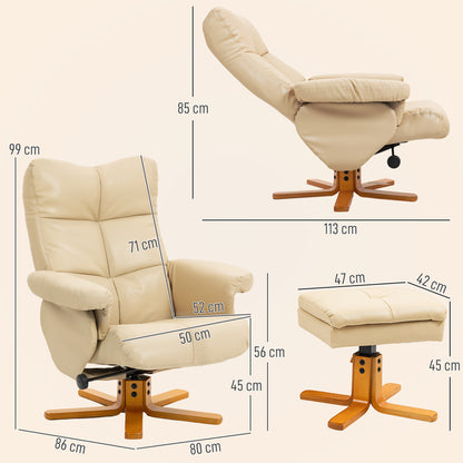 PU Leather Swivel Recliner Chair with Footstool, Wooden Base and Storage for Living Room, Beige