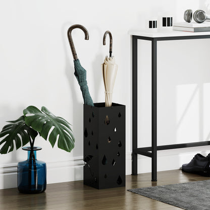 Steel Umbrella Stand, Square Umbrella Holder with 4 Hooks and Removable Drip Tray, Hollowed Umbrella Basket for Hallway