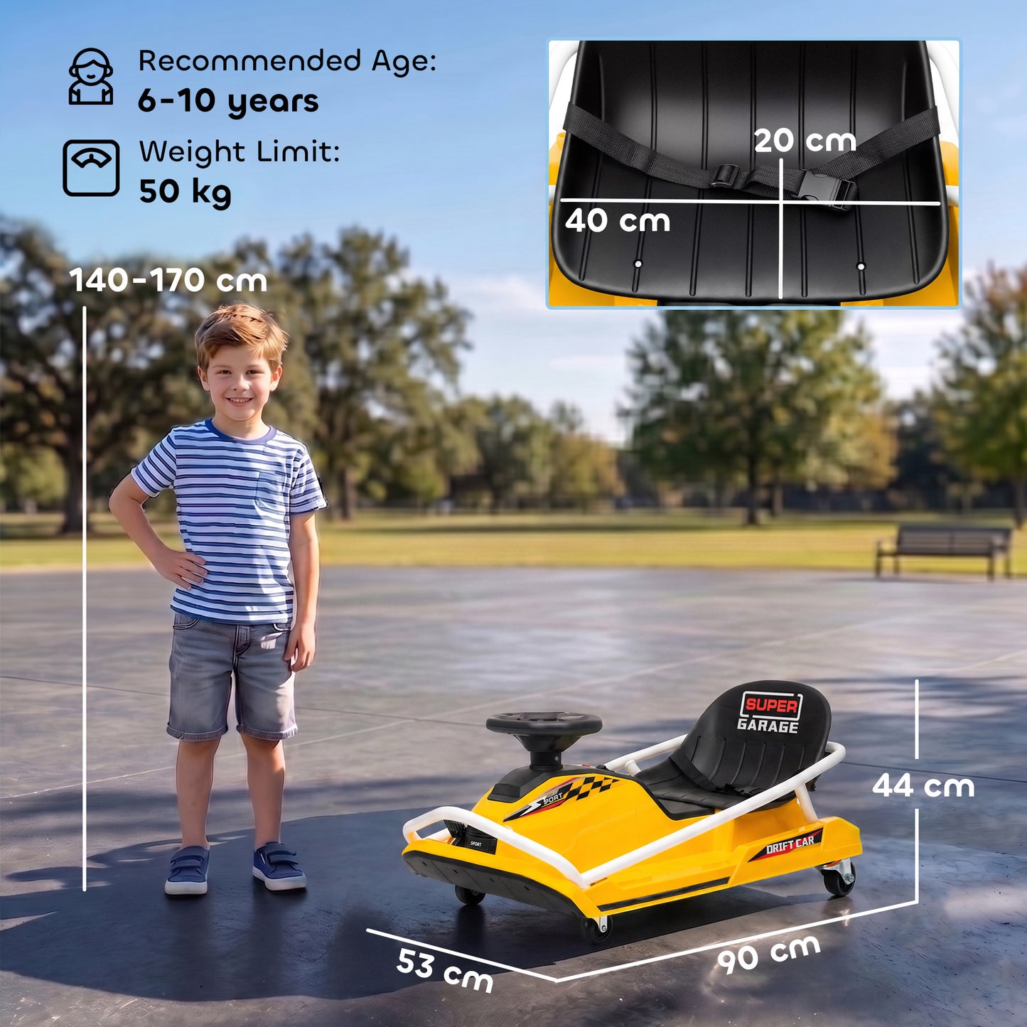 24V Electric Go Kart for Kids with Drift Mode, 300W Brushless Motor, Soft Start and Dual Speed for Ages 6-10, Yellow