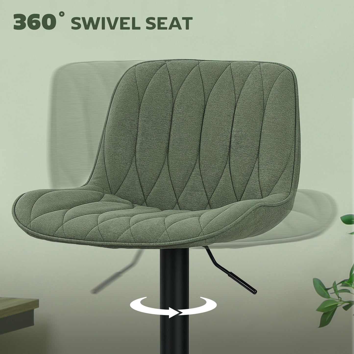 Breakfast Bar Stools Set of 2 Linen upholstery 60-80cm Adjustable Height - Green