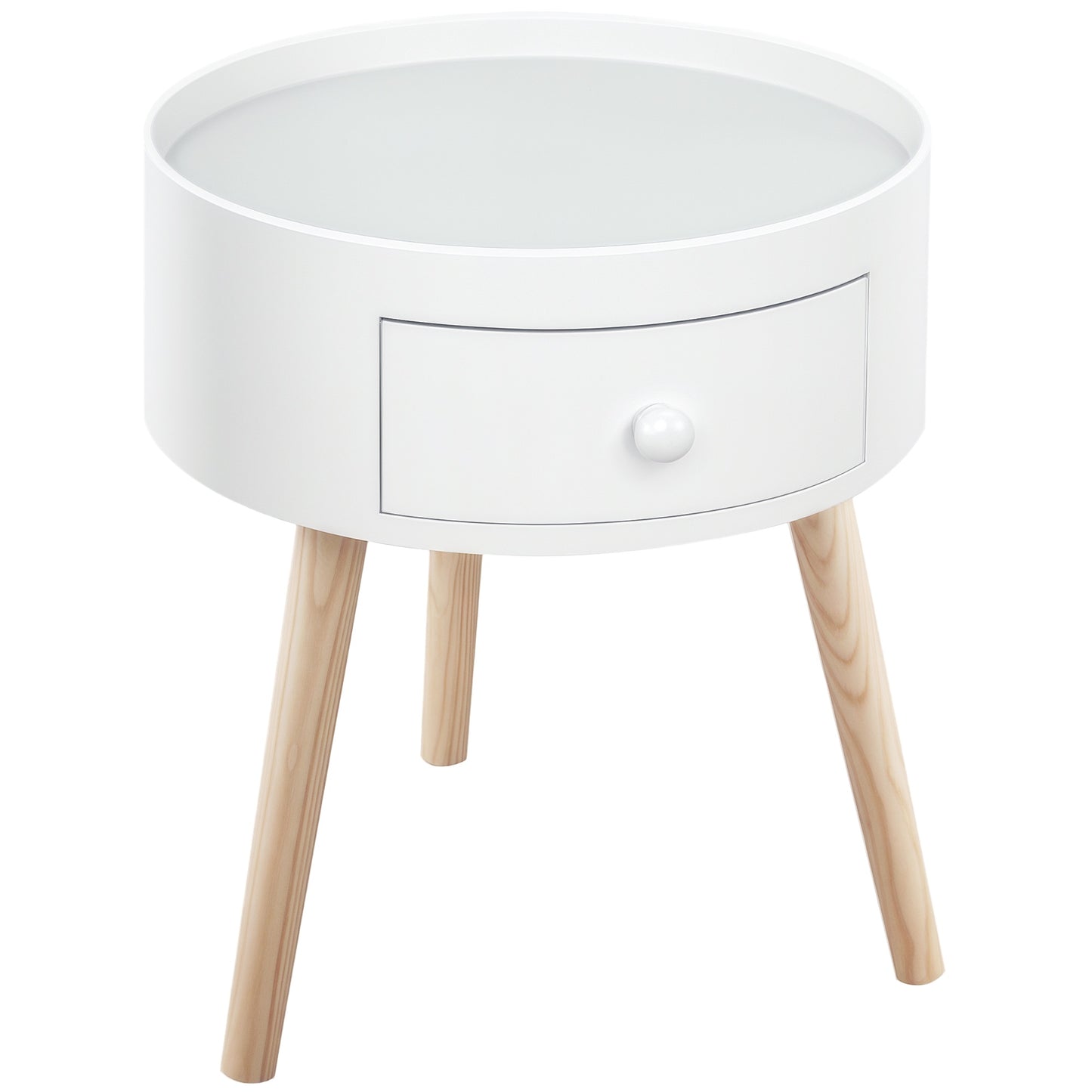 Modern Side Table, Small Coffee Table, Round Bedside Table with Drawer and Wood Legs for Living Room, Bedroom, White