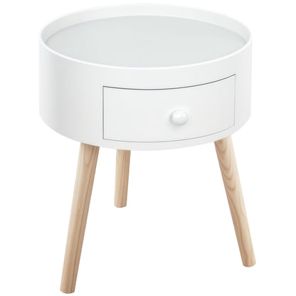 Modern Side Table, Small Coffee Table, Round Bedside Table with Drawer and Wood Legs for Living Room, Bedroom, White