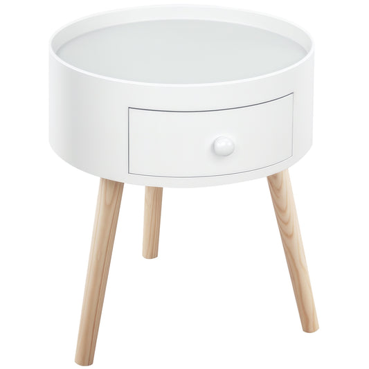 Modern Side Table, Small Coffee Table, Round Bedside Table with Drawer and Wood Legs for Living Room, Bedroom, White