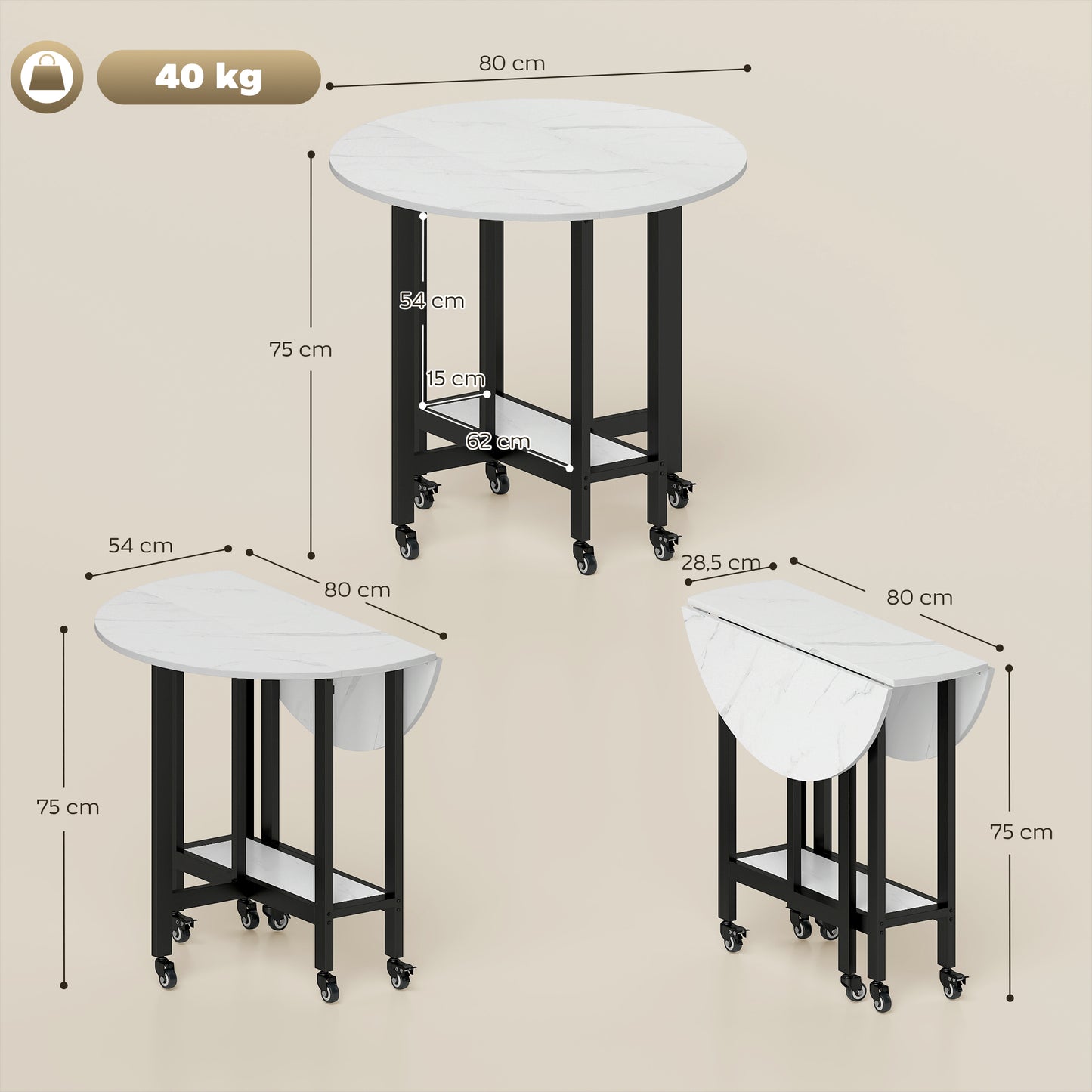 Folding Dining Table, Drop Leaf Table with Open Shelf, Rolling Kitchen Table for Dining Room, Small Spaces, White Marble