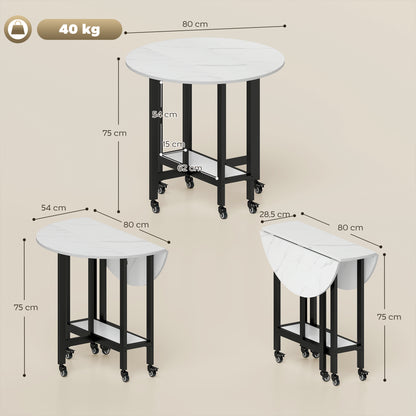 Folding Dining Table, Drop Leaf Table with Open Shelf, Rolling Kitchen Table for Dining Room, Small Spaces, White Marble
