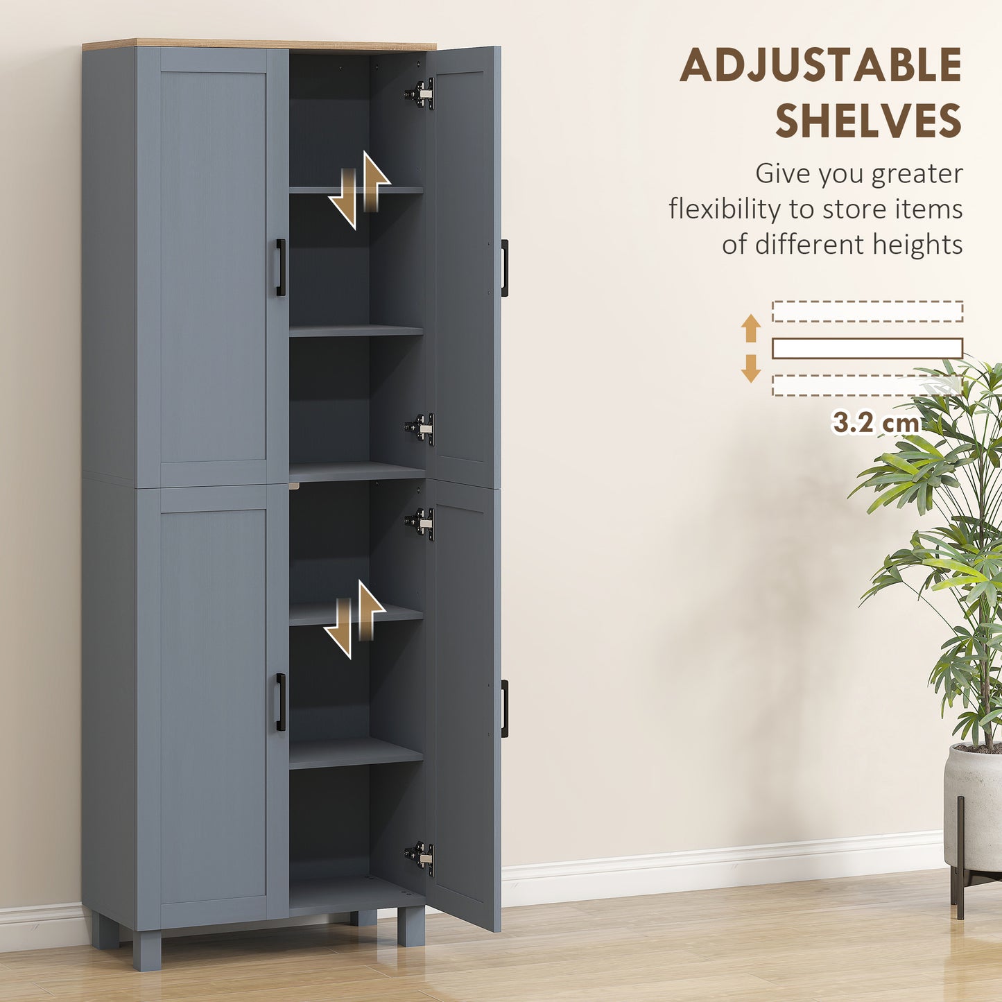 Freestanding Kitchen Cupboard, 4-Door Storage Cabinet with Adjustable Shelves, Modern Kitchen Pantry, 170cm, Grey