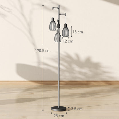 3-Light LED Floor Lamp, 170cm Industrial Dimmable Standing Lamp with Steel Wire Cage Lampshades, 2700K for Living Room
