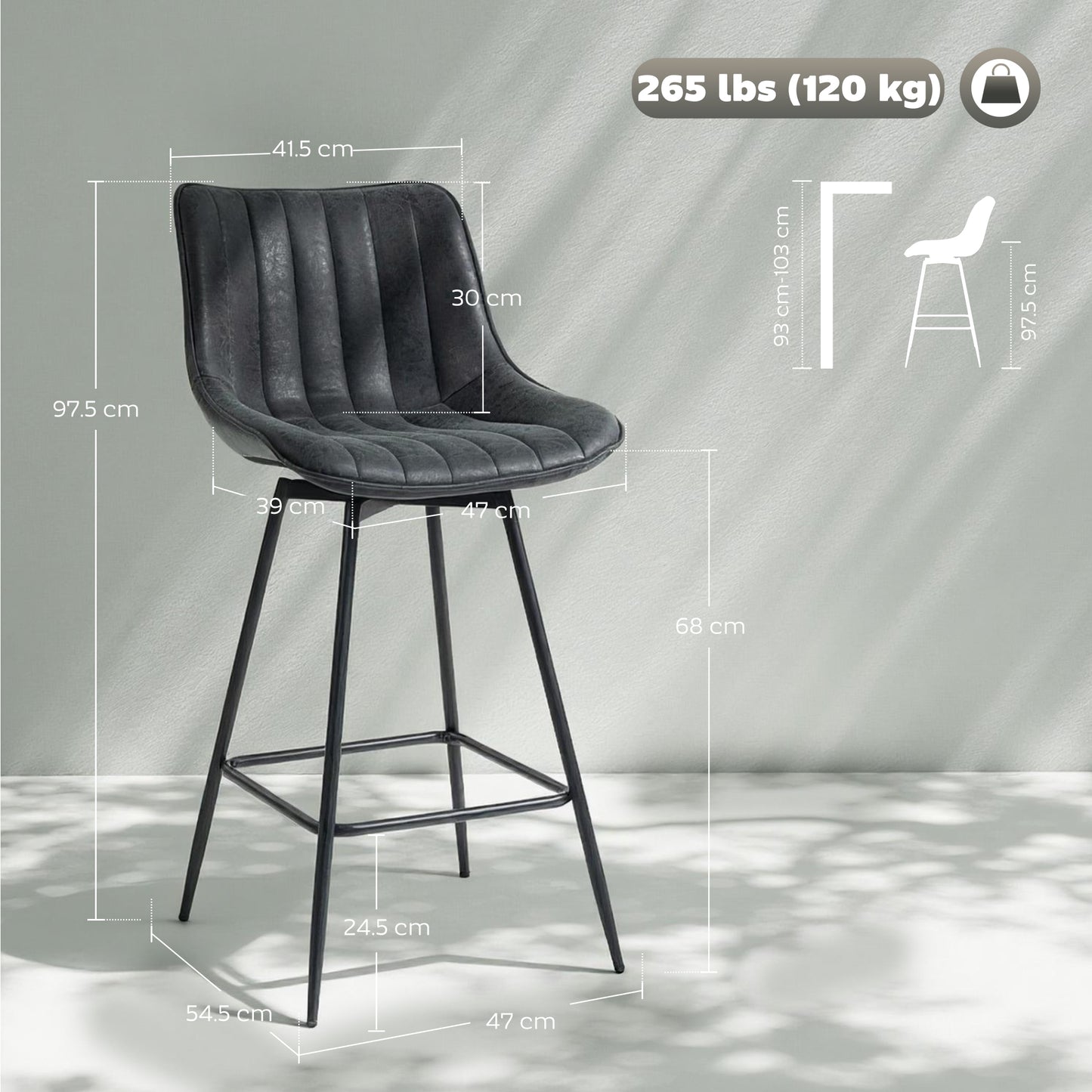 Set of 2 PU Leather Swivel Bar Stools - Black