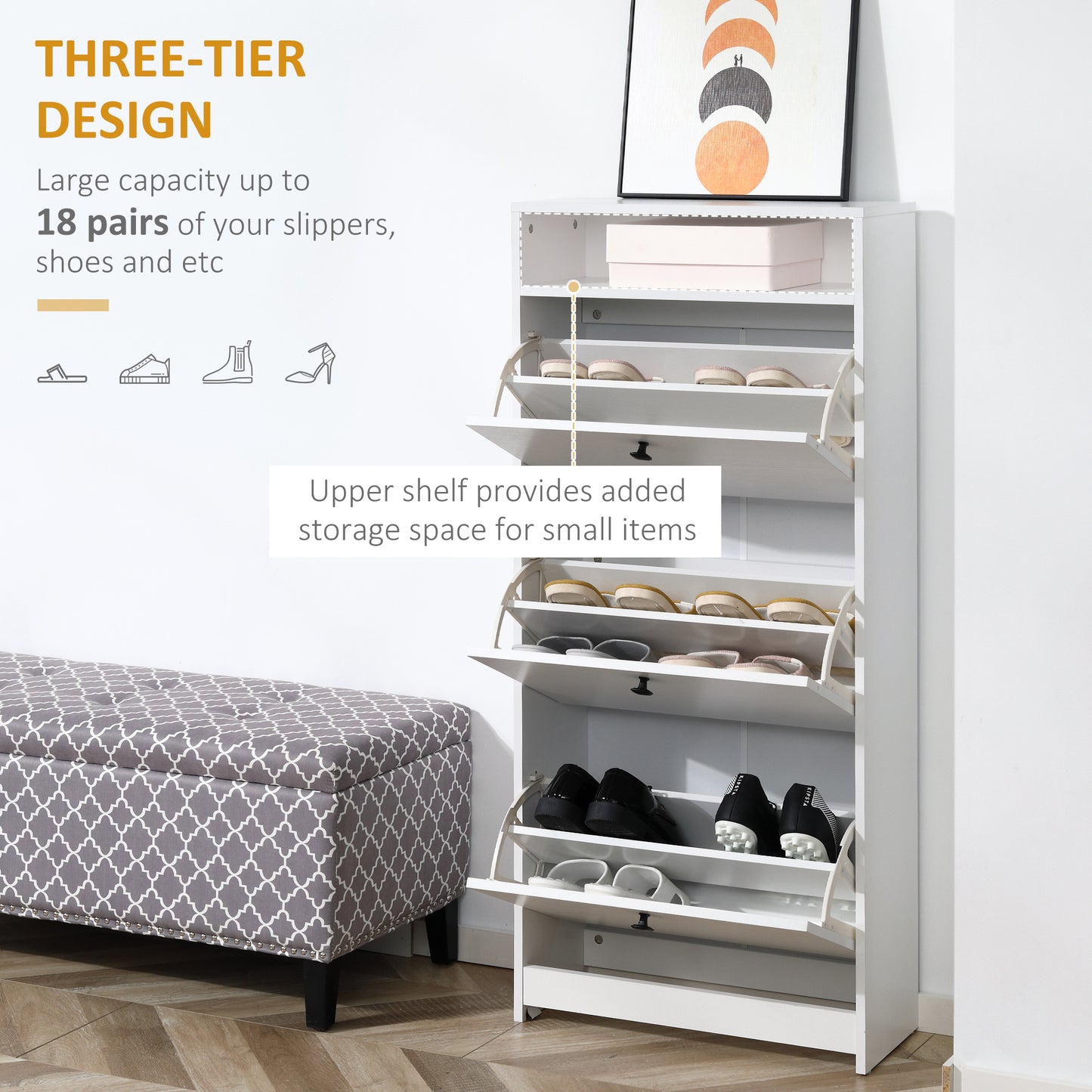 Narrow Shoe Cabinet with 3 Flip Doors, 14-18 Pairs Shoe Cupboard with Open Shelf for Slim Hallway and Entryway
