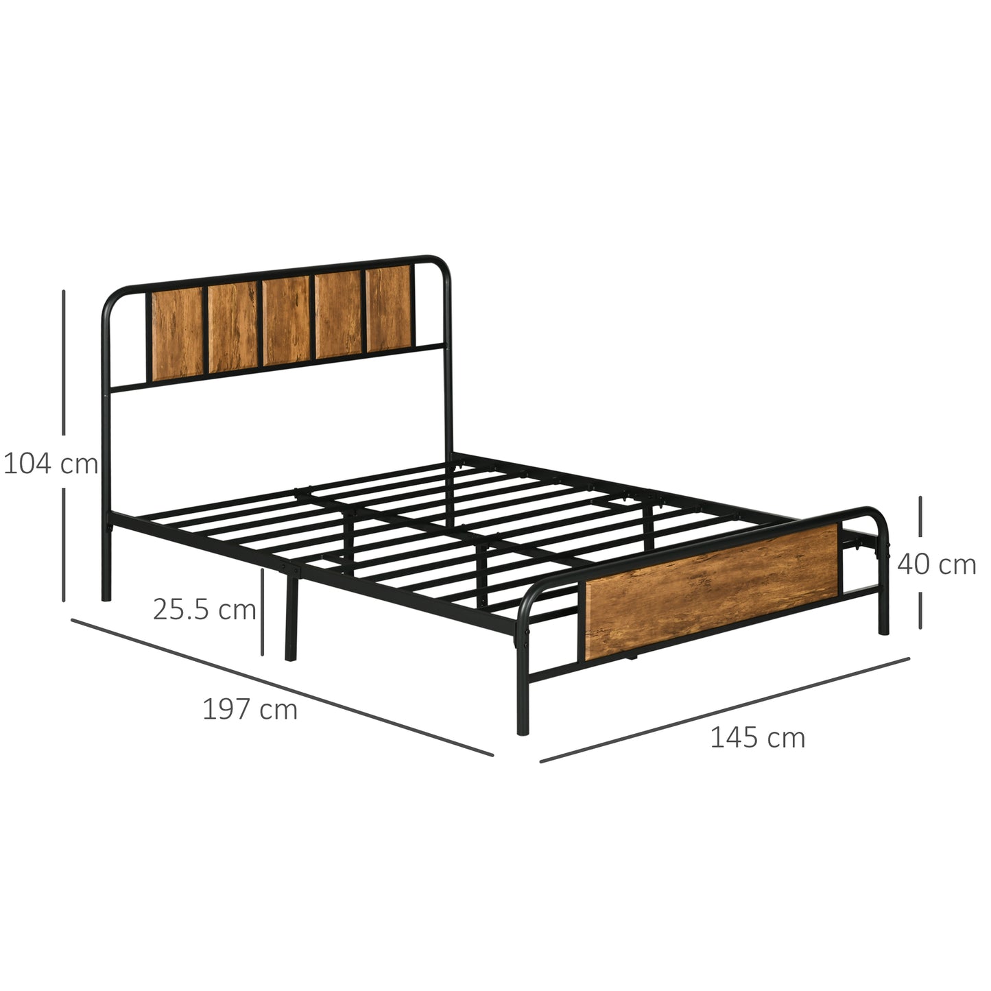 4.8ft Double Bed Frame with Industrial Wood Headboard, Steel Slat Support and 25.5cm Underbed Storage Space, 145 x 197cm