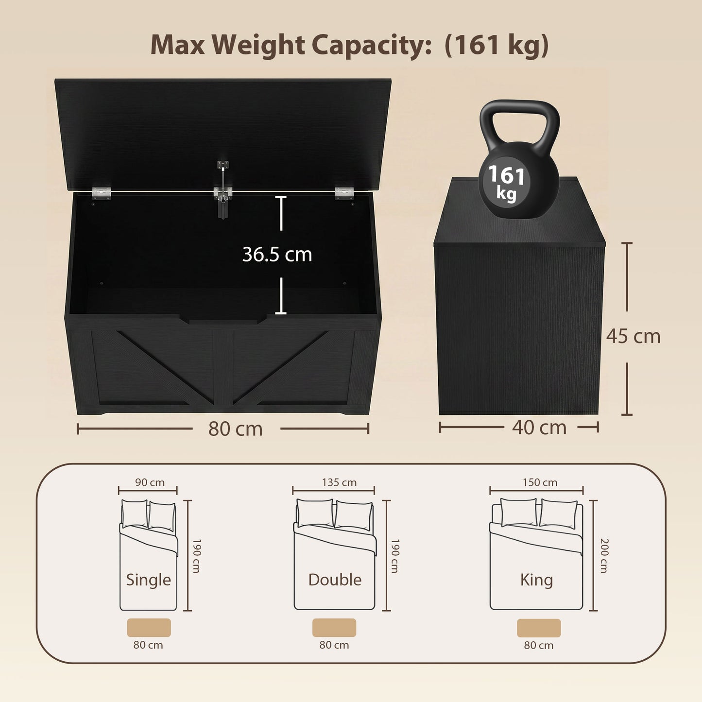 100L Home Storage Box, with Safety Hinge - Black Wood-Effect