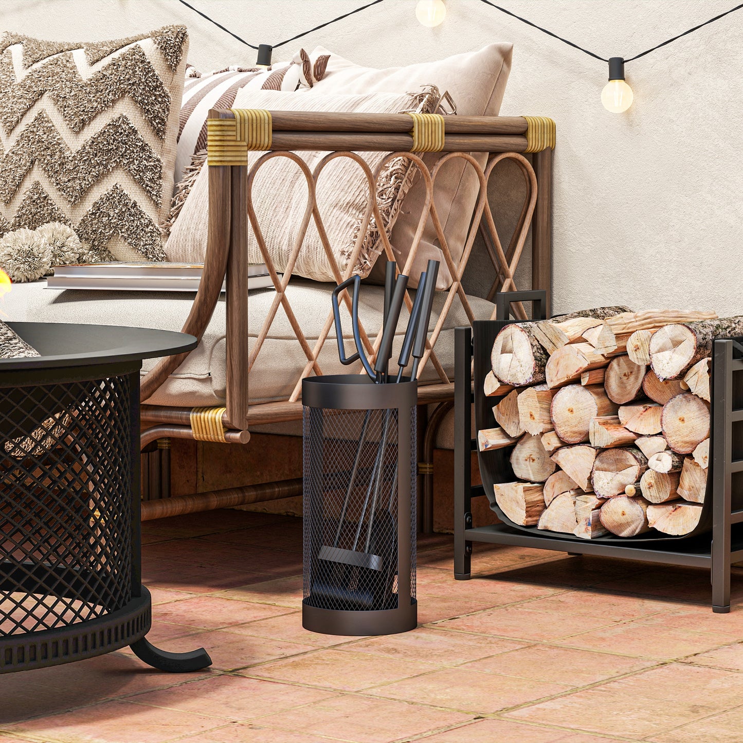 5-Piece Fireplace Tools Set with Mesh Basket, Indoor Outdoor Fireside Accessories for Fireplaces, Fire Pits, Black