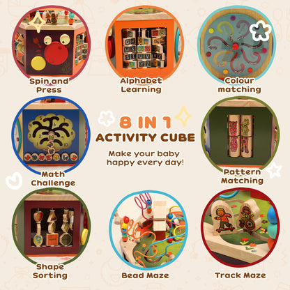 8 in 1 Wooden Activity Cube with Bead Maze, Shape Sorter, for Kids Boys Girls 18+ Months