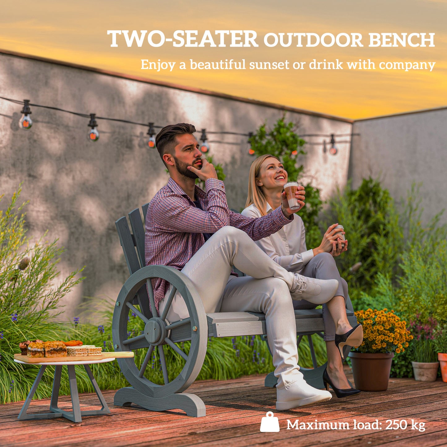 Fir Wood Love Seats with Wheel-Shaped Armrests, Large Load-Bearing Chair, Grey