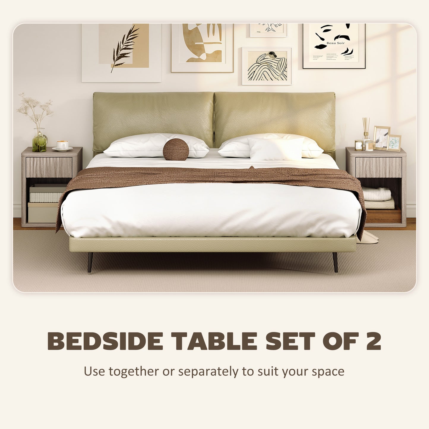 Modern Bedside Table Set of 2, Bedside Cabinet with Drawer and Open Shelf, Side End Table, Nightstand for Bedroom, Oak