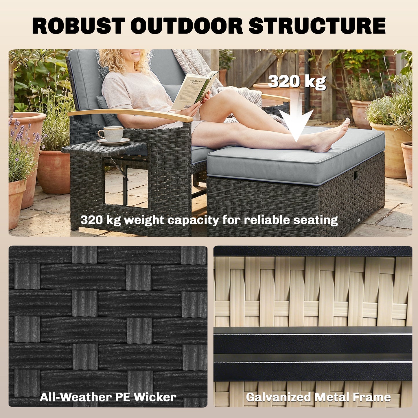 Double Garden Rattan Daybed, Wicker Sun Bed Chaise Lounger with Storage Ottoman, 4-Level Adjustable Backrest, Dark Grey