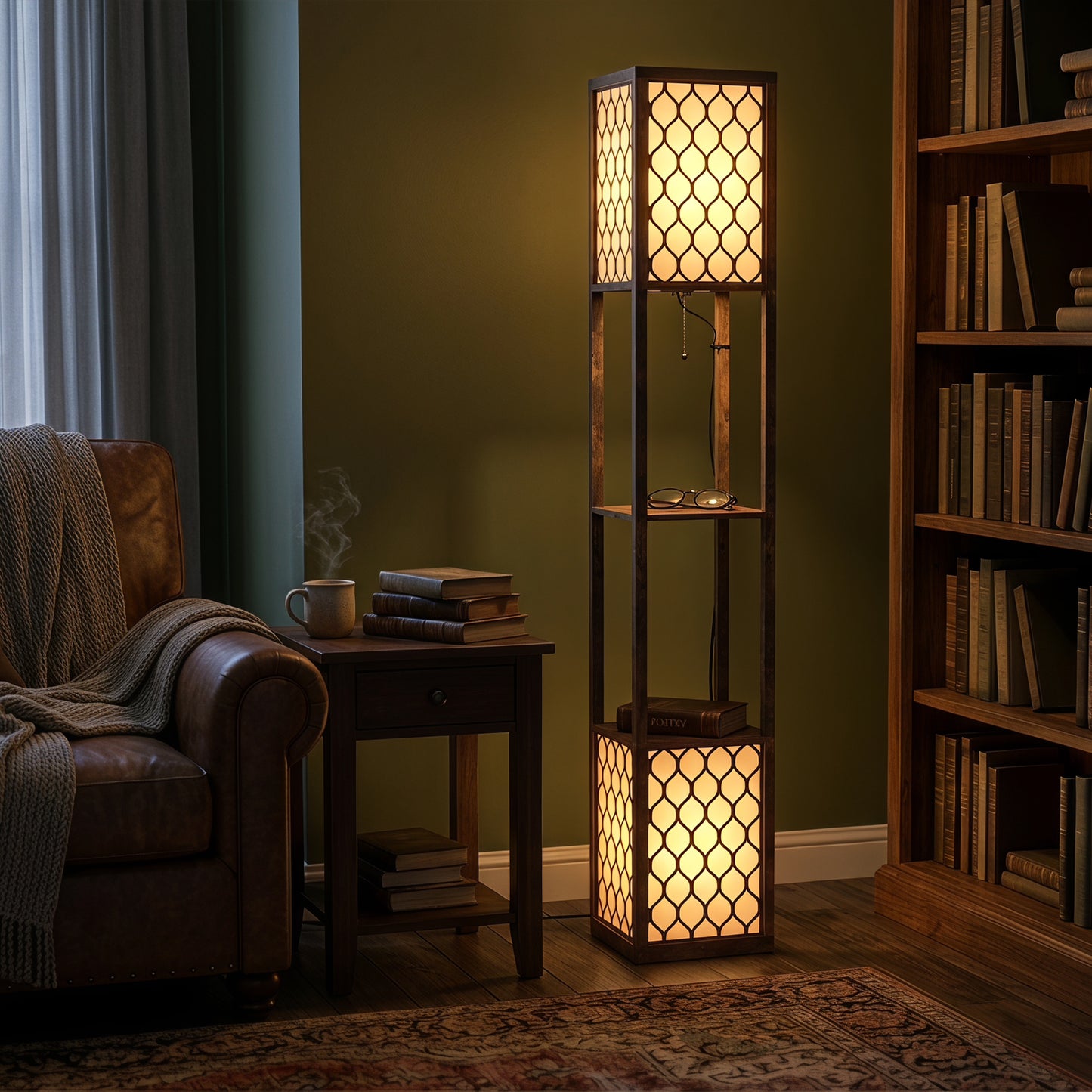 Floor Lamp with Shelves, Modern Tall Standing Lamp with Fabric Lampshades, Zipper Switch and Dual Light, Rustic Brown