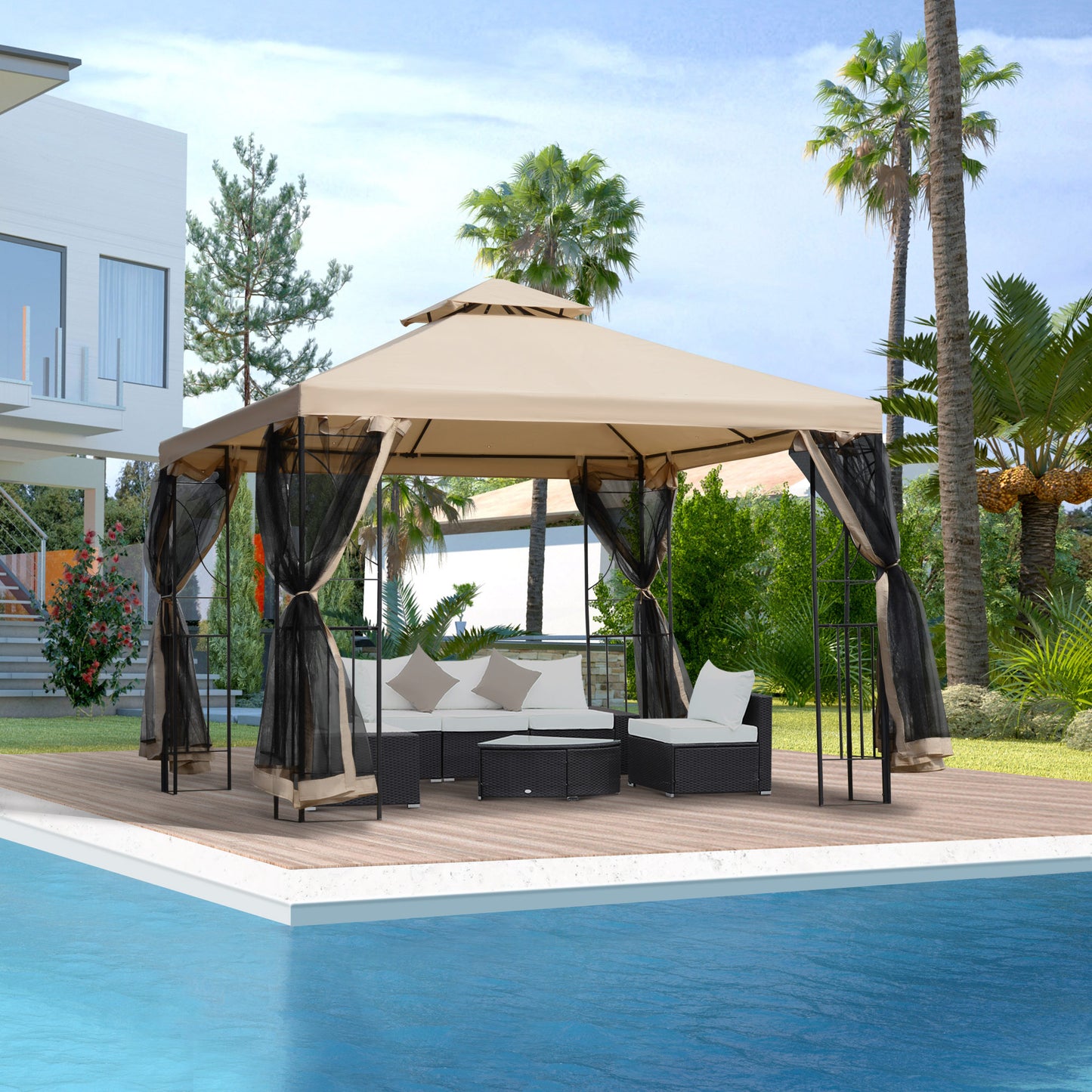 3(m) x 3(m) Garden Gazebo, Double Roof Outdoor Gazebo Canopy Shelter with Netting, Solid Steel Frame for Garden, Lawn