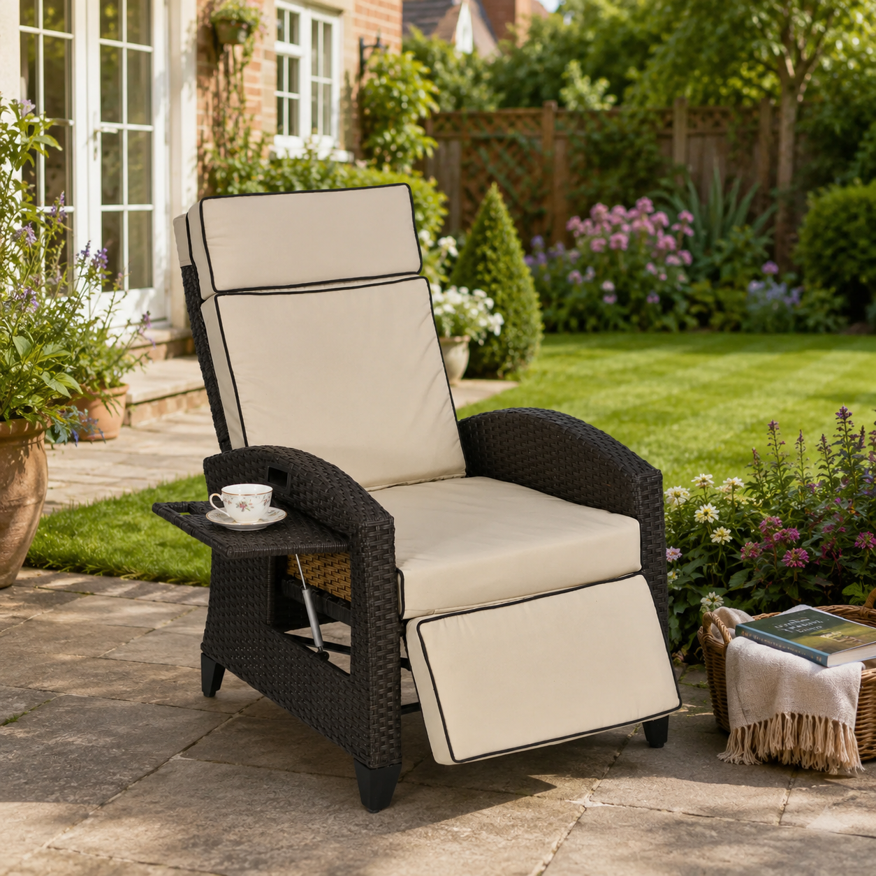 Outdoor Recliner Chair with Adjustable Backrest and Footrest, Cushion, Side Tray, Khaki/Brown