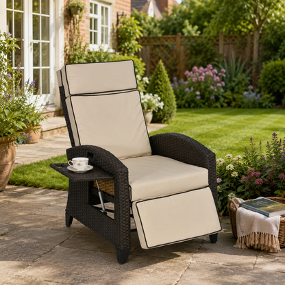 Outdoor Recliner Chair with Adjustable Backrest and Footrest, Cushion, Side Tray, Khaki/Brown