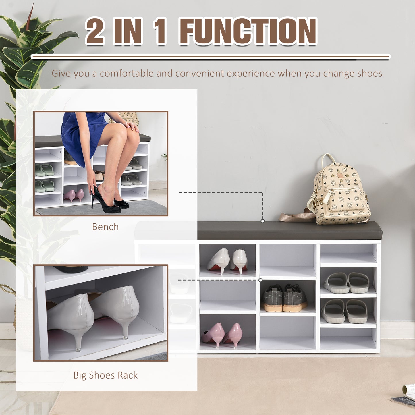 Multi-Storage Shoe Rack with 14 Compartments Cushion Moving Shelves, Solid Frame Foot Pads, White