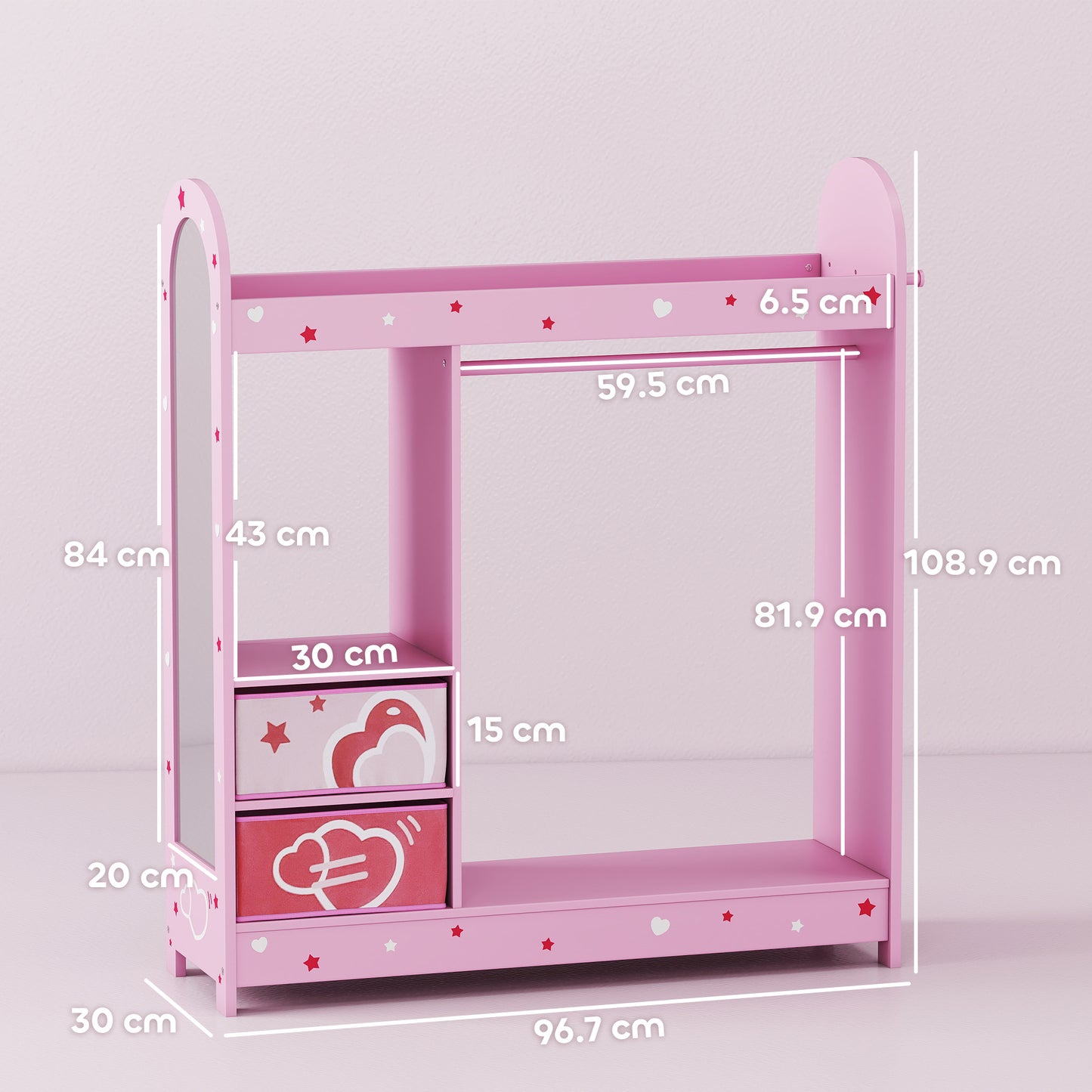 Kids Clothes Rail, Kids Wardrobe with Mirror, Shelves, Fabric Storage and Hooks for Bedroom, Nursery, Pink