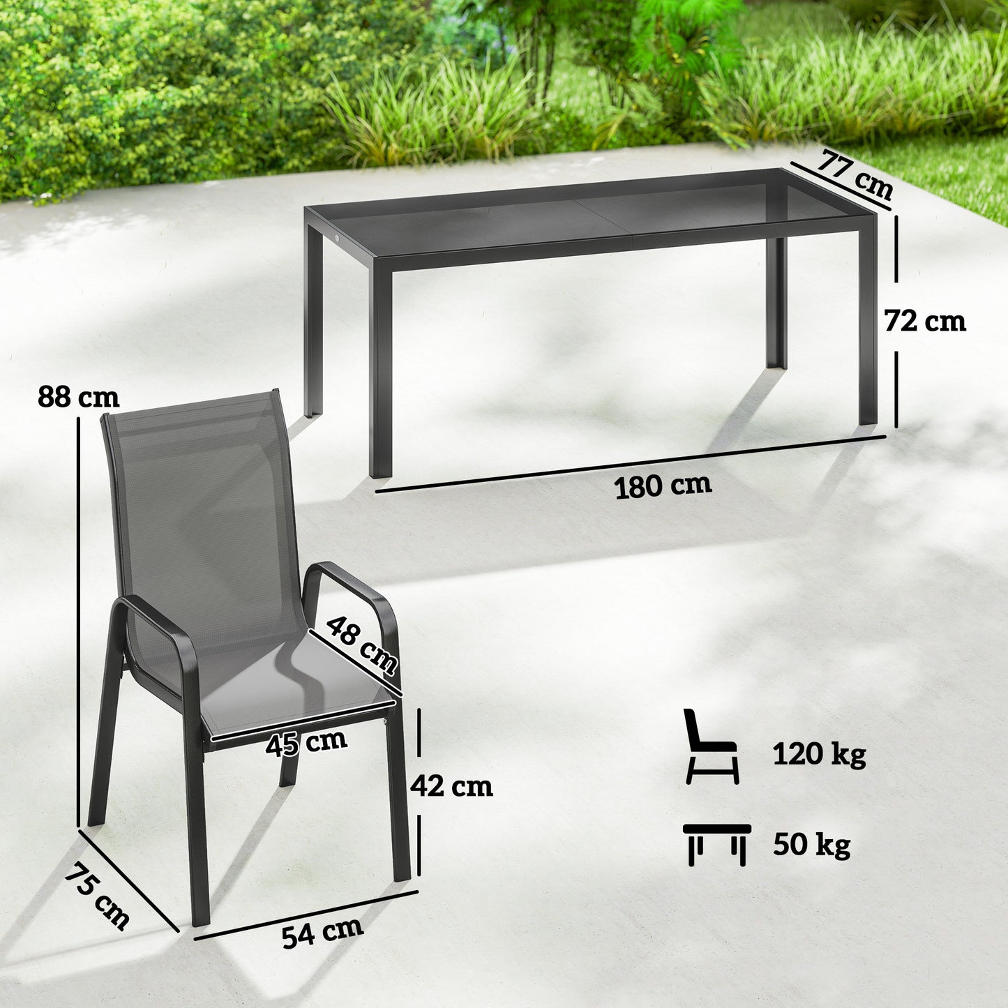 9 Pieces Garden Dining Set, Outdoor Table and Chairs Set for 8, Garden Furniture Set with Tempered Glass Top, Dark Grey