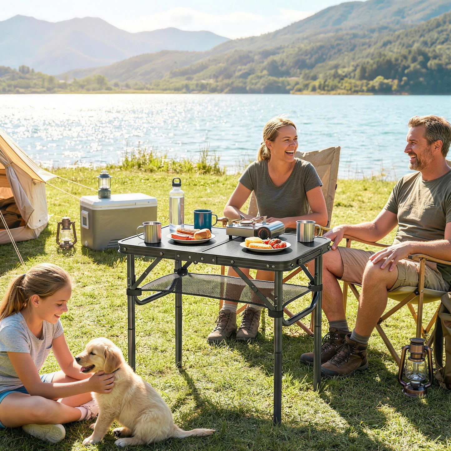2ft Folding Camping Table, Picnic Table with Mesh Storage Layer, 4 Adjustable Heights and Carrying Handle, Black