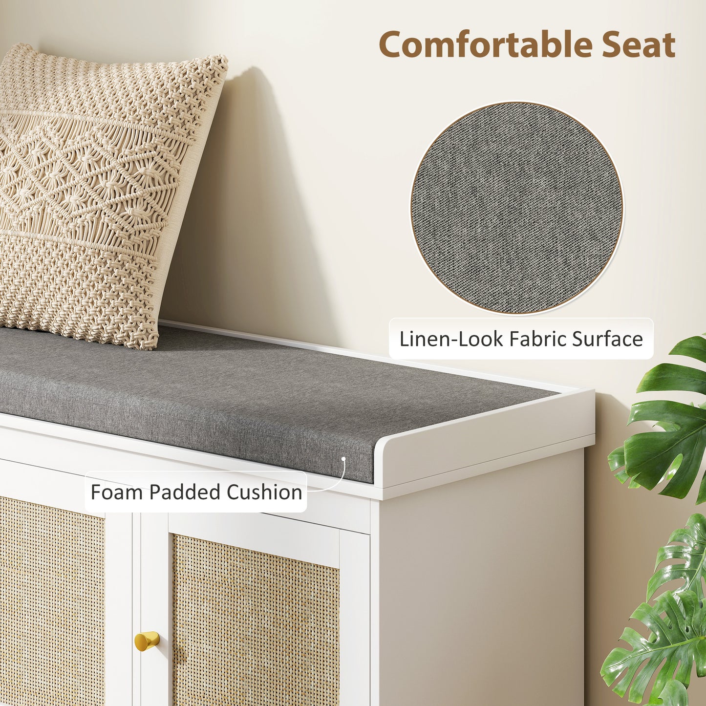 Shoe Storage Bench with Woven Rattan Doors, Seat - White