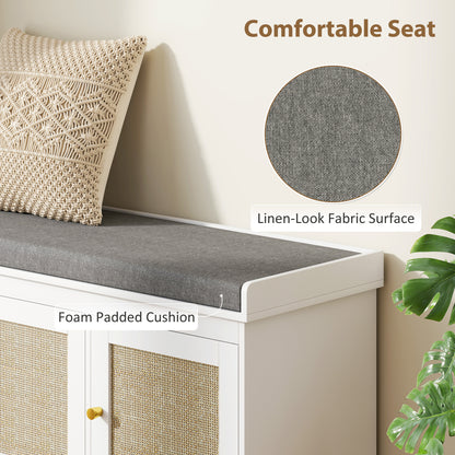 Shoe Storage Bench with Woven Rattan Doors, Seat - White