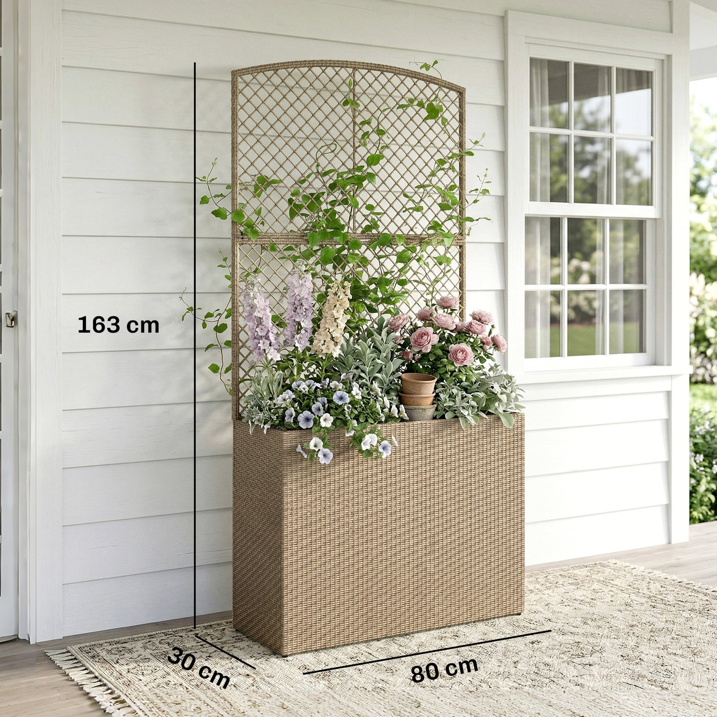 Rattan Planter with Trellis, Raised Beds for Garden with Liner for Climbing Plants Vegetables Flowers, Light Grey