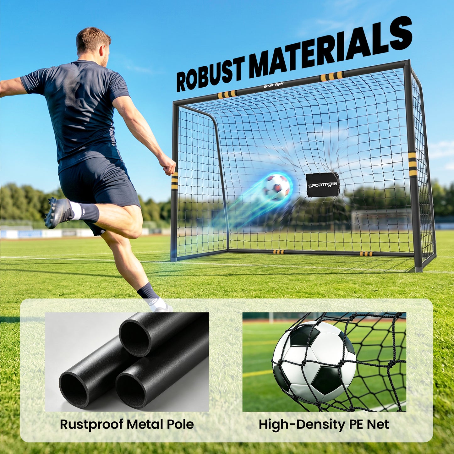 Football Goal, 10 x 6.5ft Football Net with Ground Stakes, EPE Foam Padding and Metal Frame, Easy Assembly, Yellow