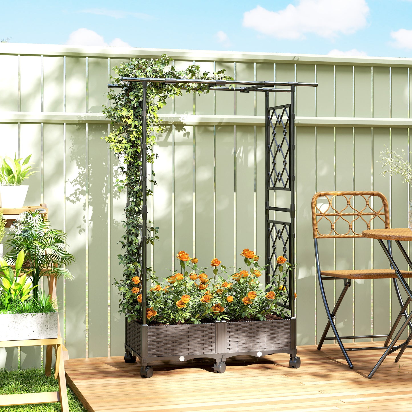 Raised Garden Bed with Arch Trellis, Raised Bed for Garden on Wheels with Side Trellis, Self Watering Planter Box