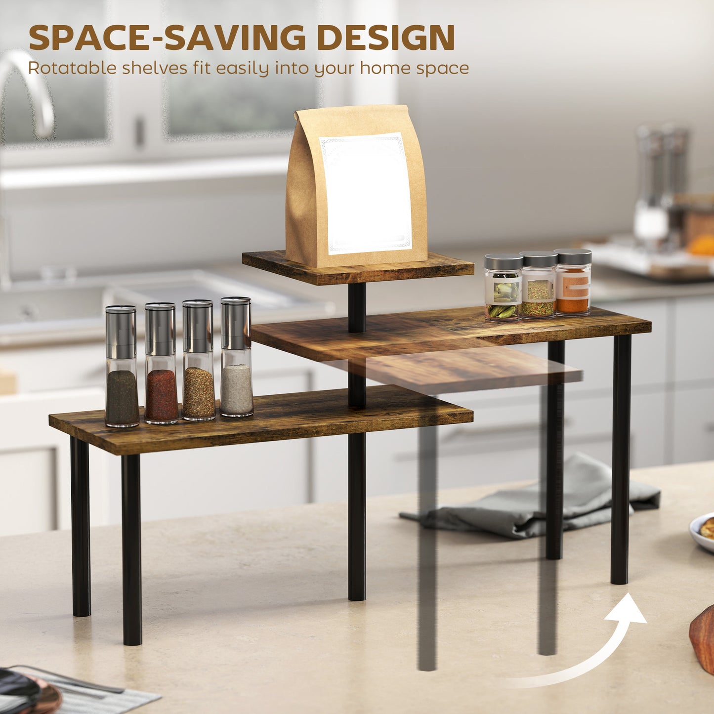 3-Tier Kitchen Countertop Organiser, Adjustable Spice Rack, Corner Shelf for Kitchen, Coffee Bar, Bathroom, Rustic Brown
