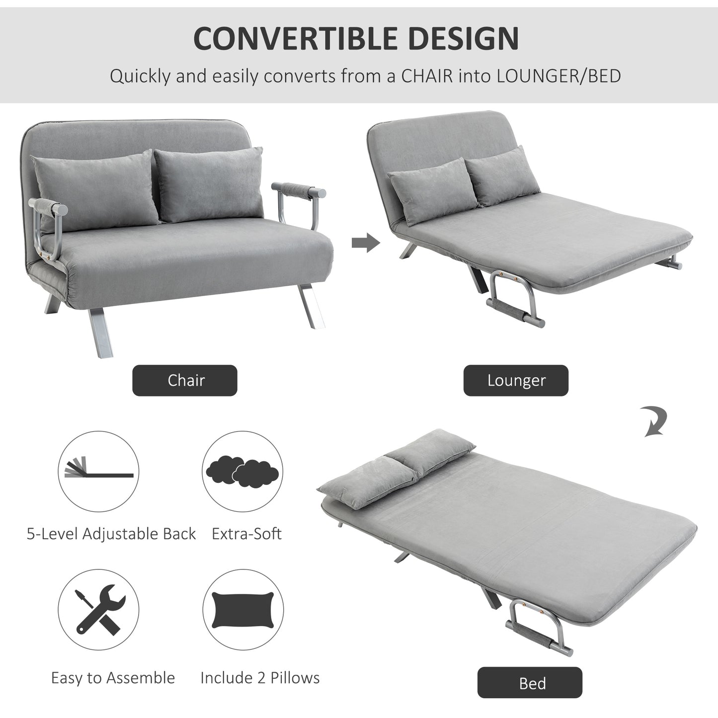 Two-Seater Click-Clack Sofa Bed with Pillows - Light Grey