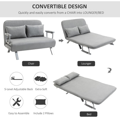 Two-Seater Click-Clack Sofa Bed with Pillows - Light Grey