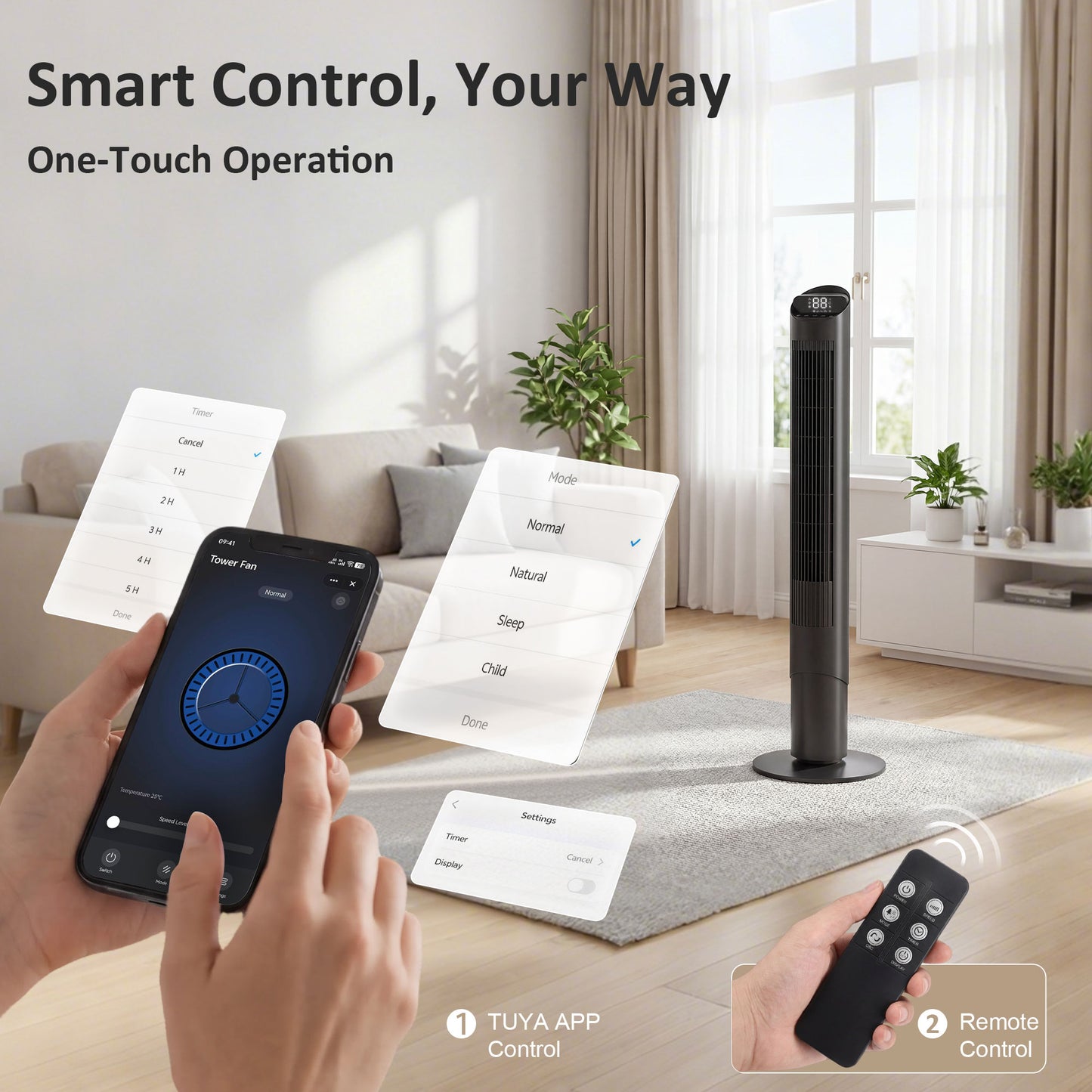 Tower Fan with WiFi App Control Standing Floor Cooling Fan Remote Control 101.8 cm Black