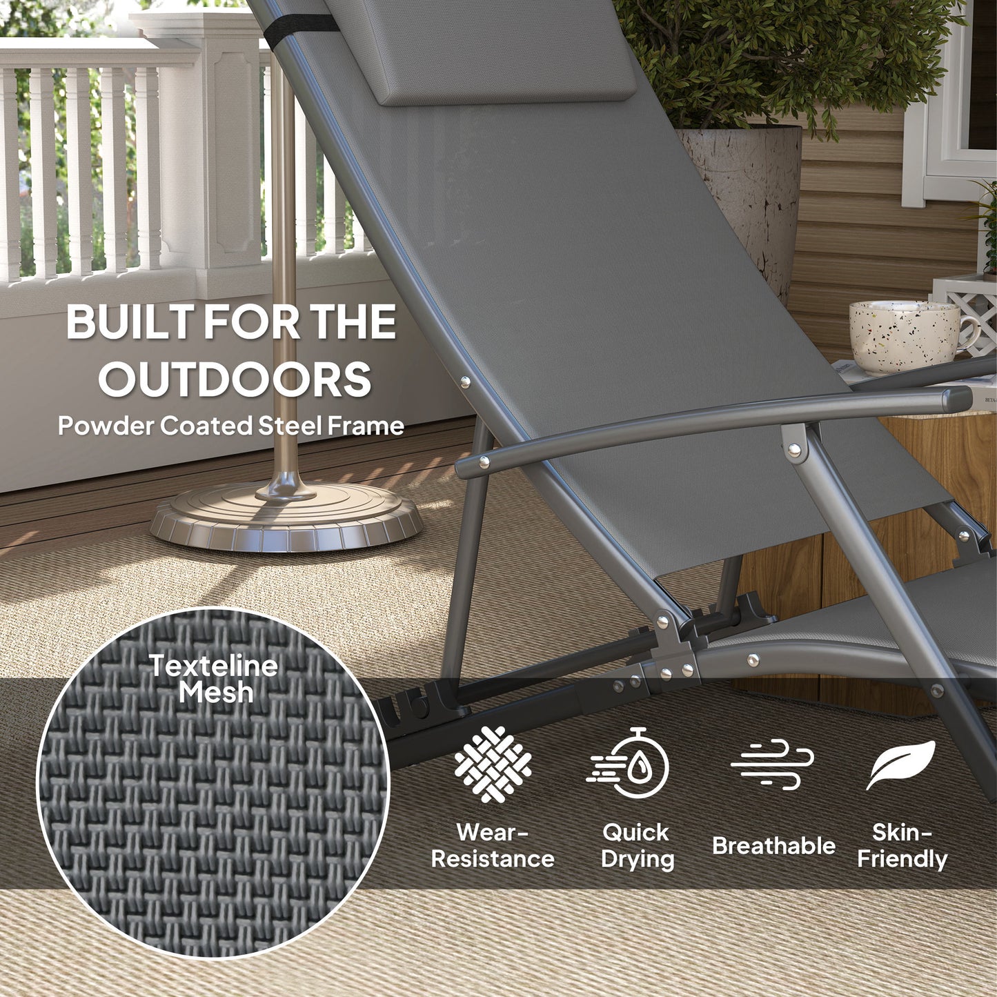 Set of Two Adjustable Back Sun Loungers - Grey