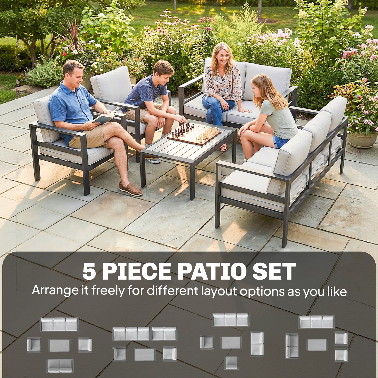 5 Pieces Aluminium Garden Furniture Set with Olefin Cushions, Extra Deep Outdoor Garden Sofa Set, Dark Grey