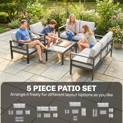 5 Pieces Aluminium Garden Furniture Set with Olefin Cushions, Extra Deep Outdoor Garden Sofa Set, Dark Grey