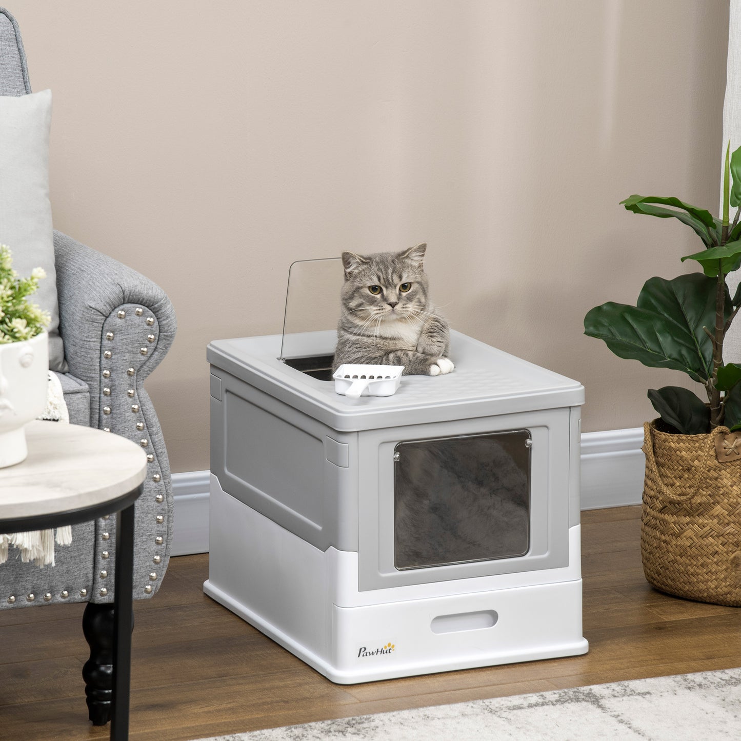 Hooded Cat Litter Box, Portable Pet Toilet, with Scoop, Front Entry - Grey