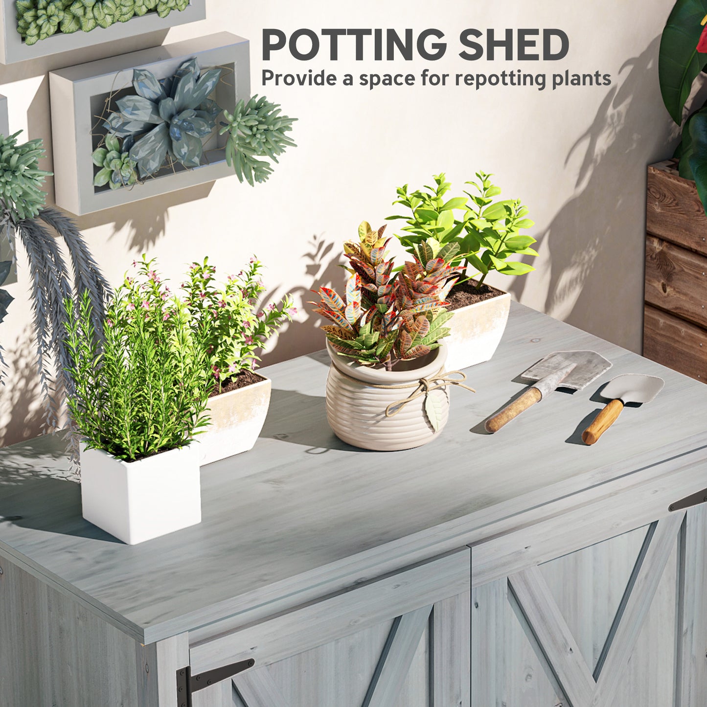 Wooden Garden Shed, Outdoor Fir Wood Storage Shed with Shelf and Double Doors, Light Grey