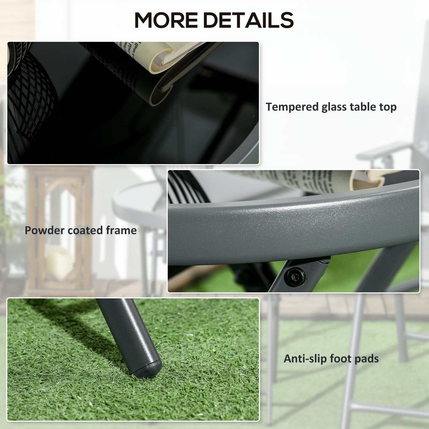 Φ45cm Garden Side Table, Outdoor Round Folding Patio Table with Imitation Marble Glass Top, Small Coffee Table, Black