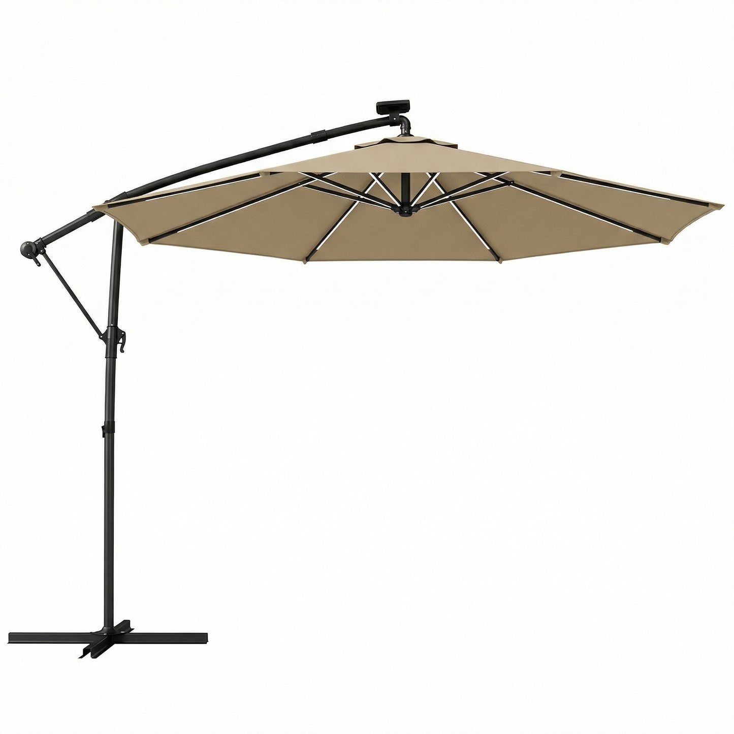 3 m Garden Cantilever Parasol with LED Solar Light, Round Overhanging Umbrella with 360° Rotation, Cover, Khaki